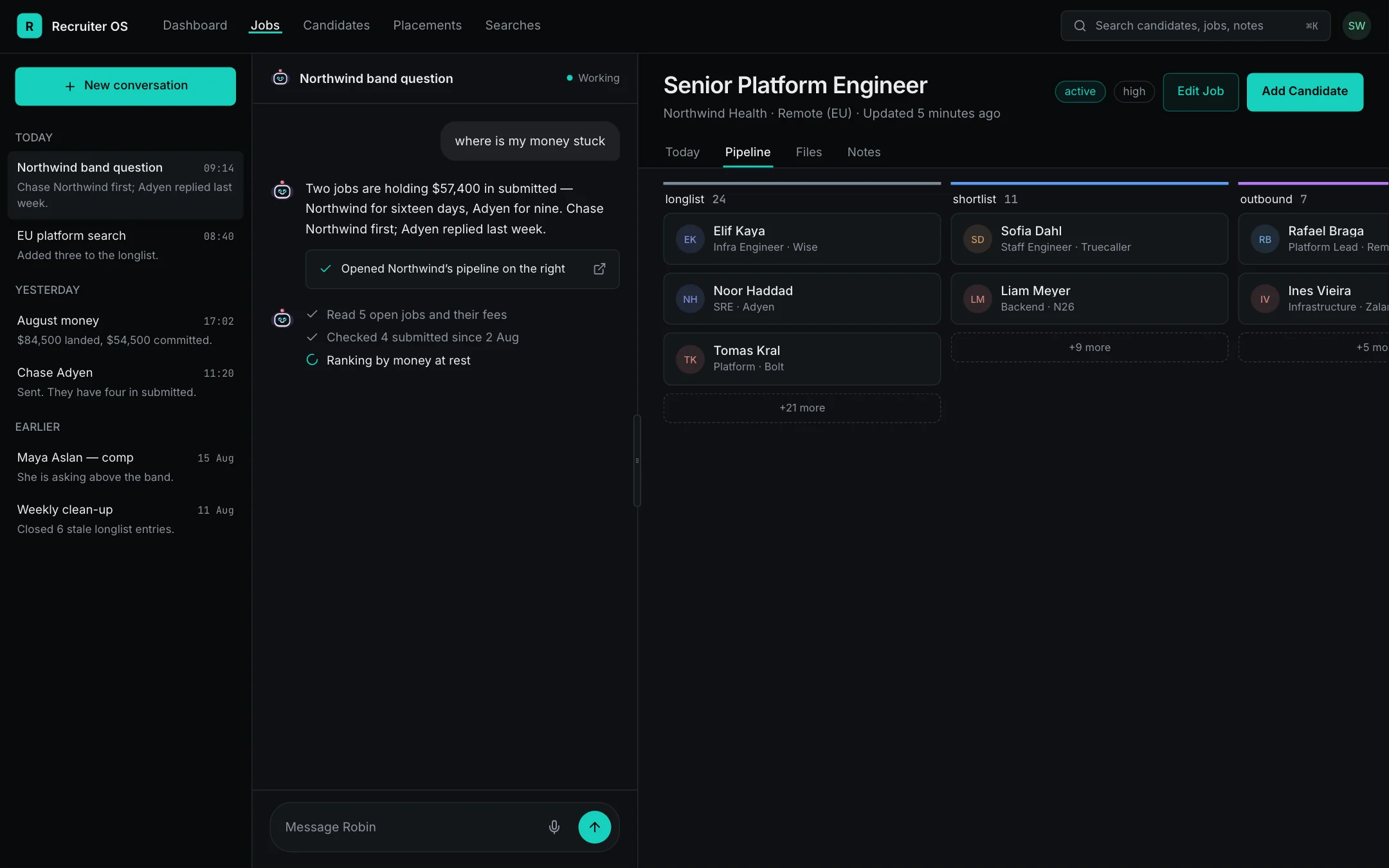 An eight-stage job pipeline in RecruiterOS